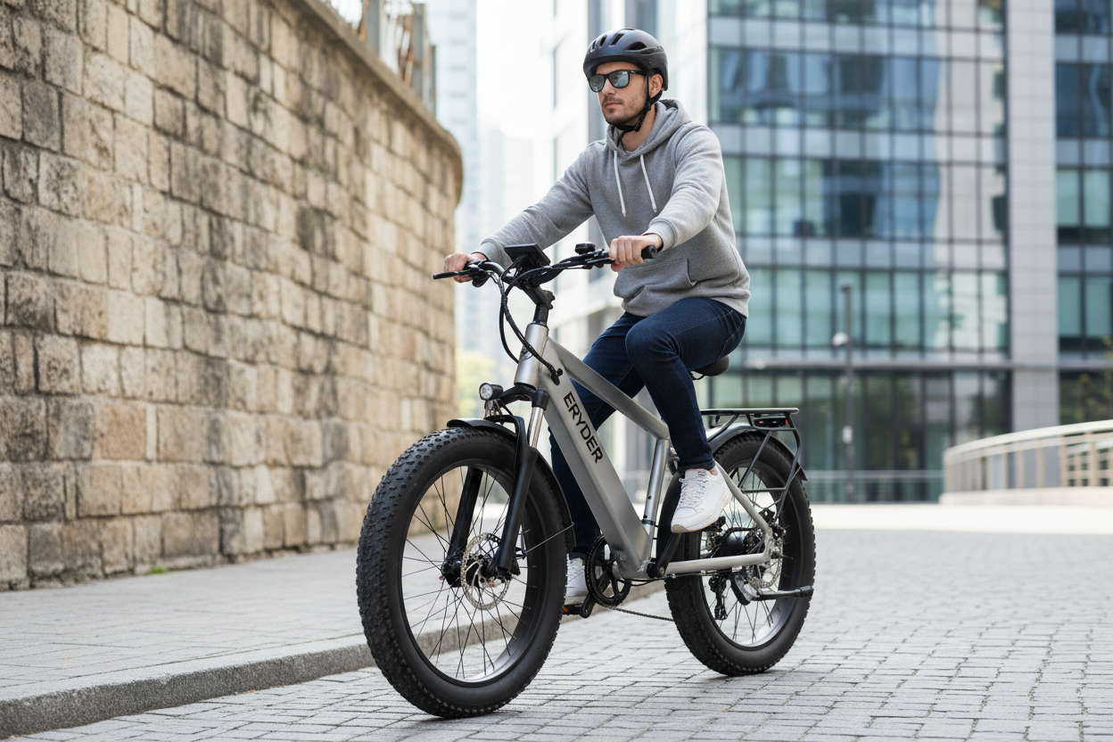 A sleek, modern electric bike with a matte silver frame labeled "ERYDER," featuring fat tires designed for all-terrain riding. The bike has a compact, sturdy frame with integrated battery housing, black handlebars with a digital display, and front and rear suspension for a smooth ride. The e-bike is equipped with a rear cargo rack and wide, knobby tires for stability. A rider wearing casual clothing, a bike helmet, and sunglasses is seated comfortably, riding on a city sidewalk with a stone wall and glass b
